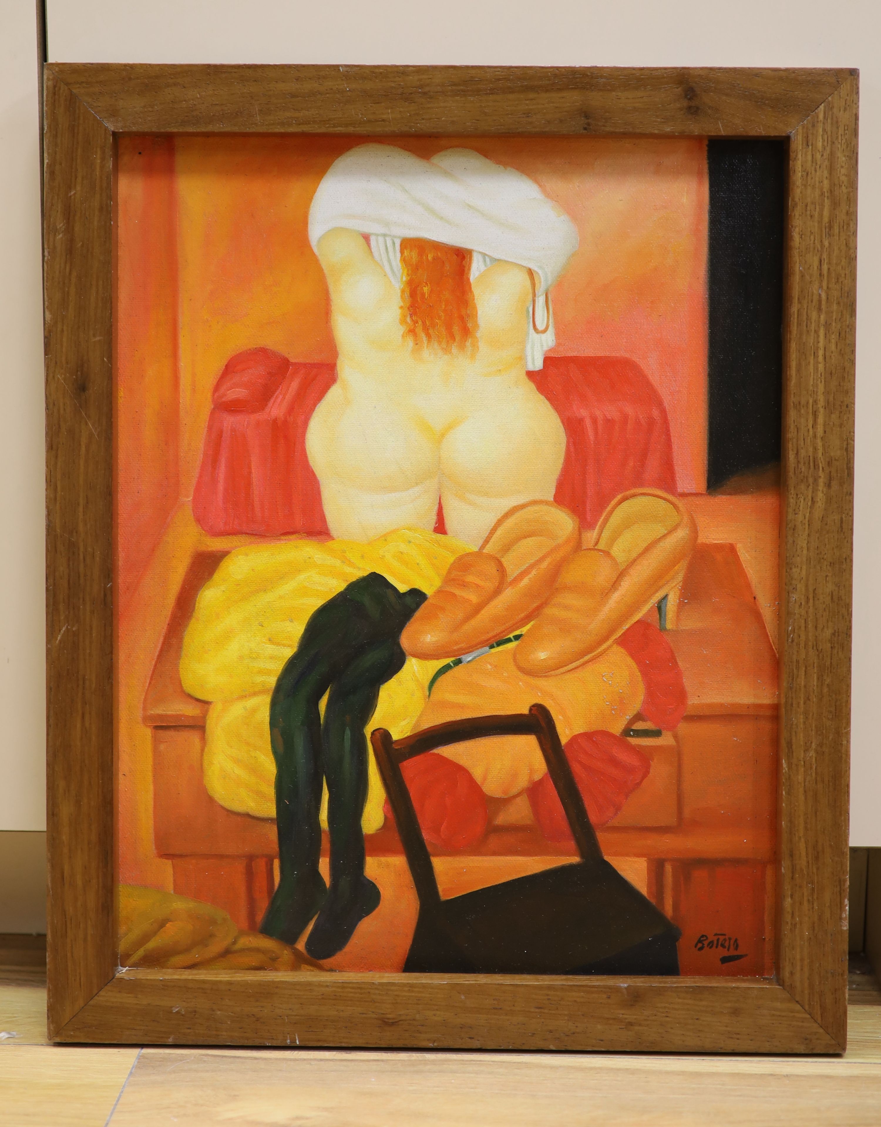 After Botero, oil on board, Woman undressing, bears signature, 48 x 38cm